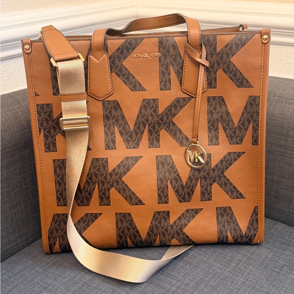 Michael Kors Brown and Tan MK Signature Tote with Gold Charm